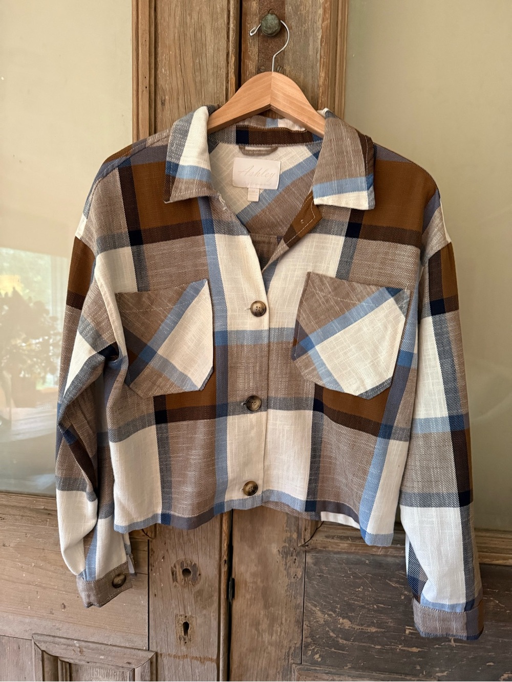 Ashley Plaid Teddy Jacket - Brown, Blue & Cream